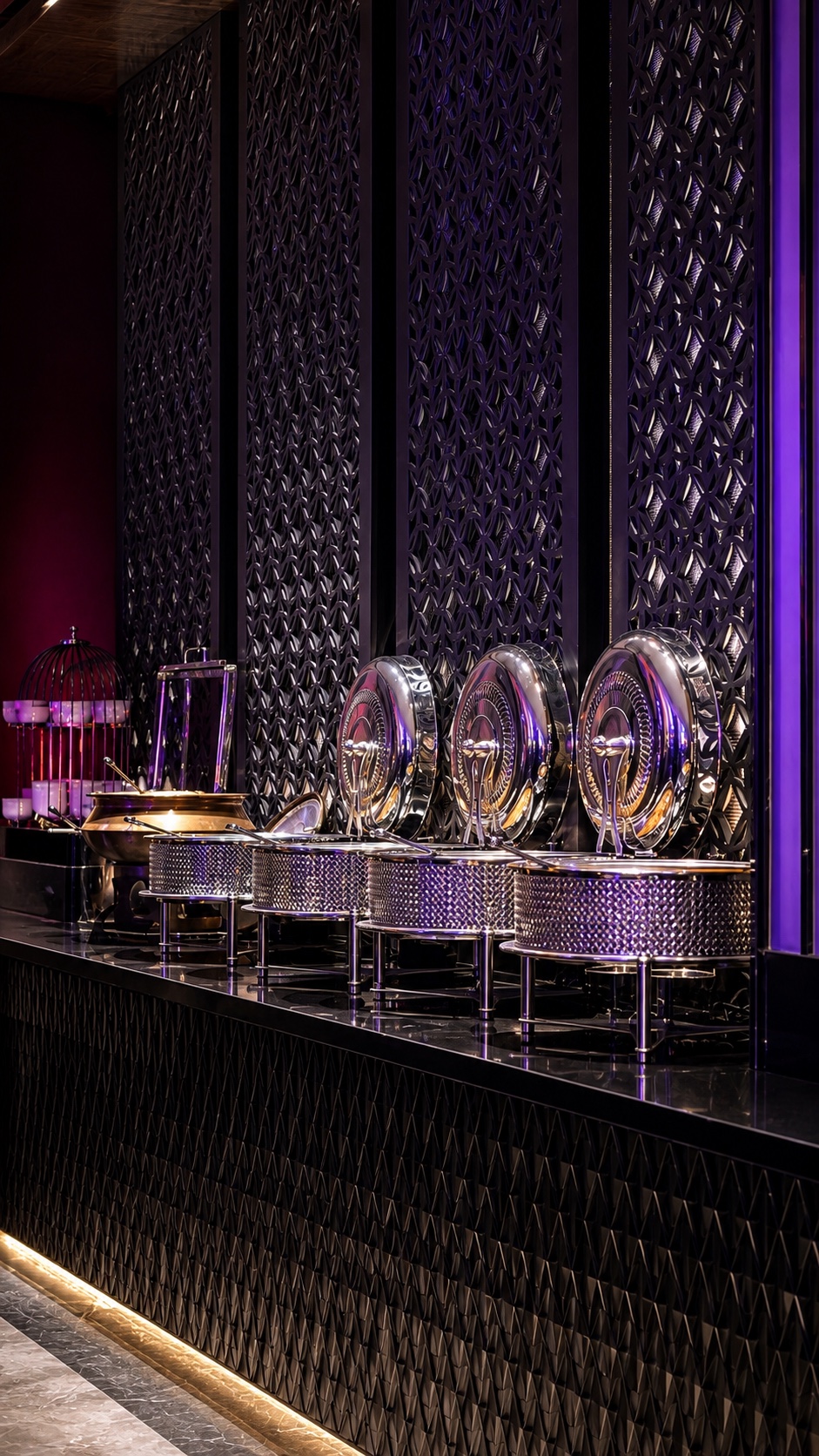 Aroha Hall buffet counter under dramatic evening lighting